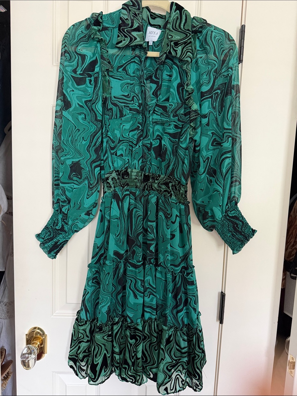 MISA Green Marble-Print Long-Sleeve Tiered Dress